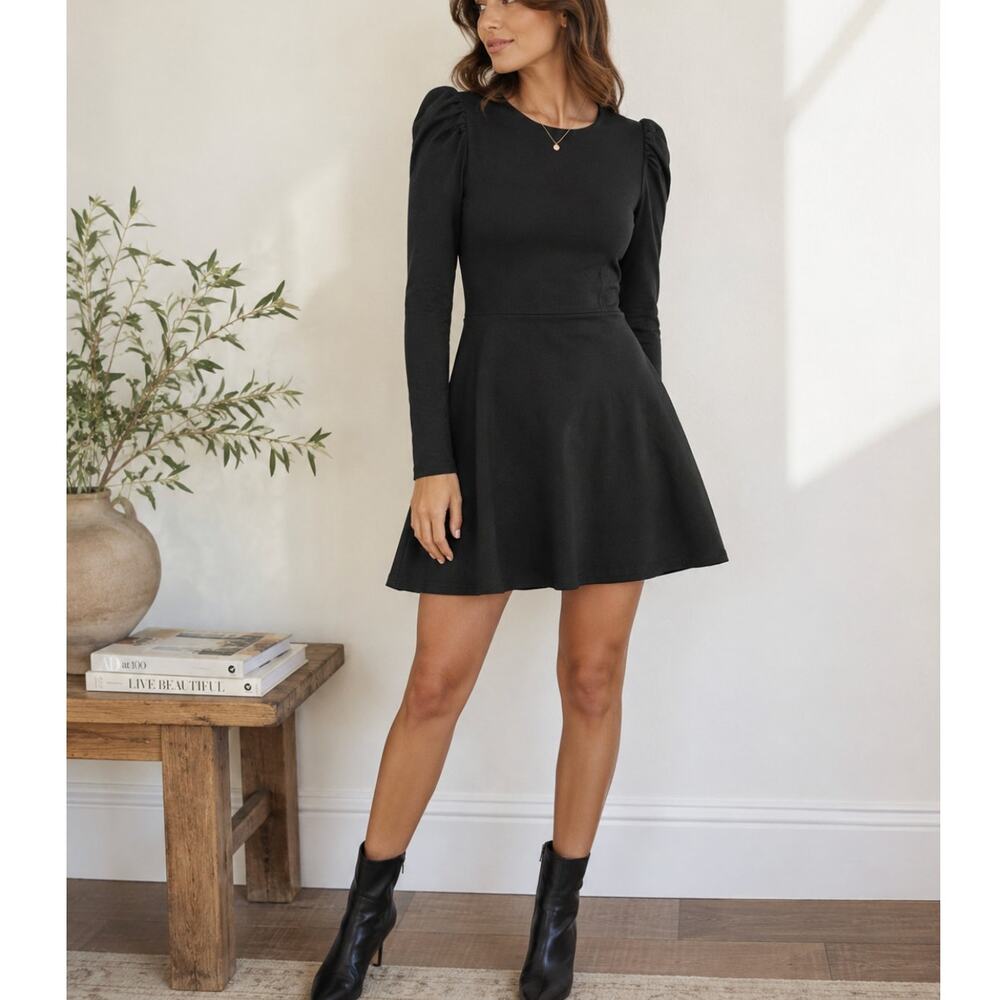 Reformation Jeans Dress XS Black Organic Cotton Puff Sleeve Fit Flare Mini USA